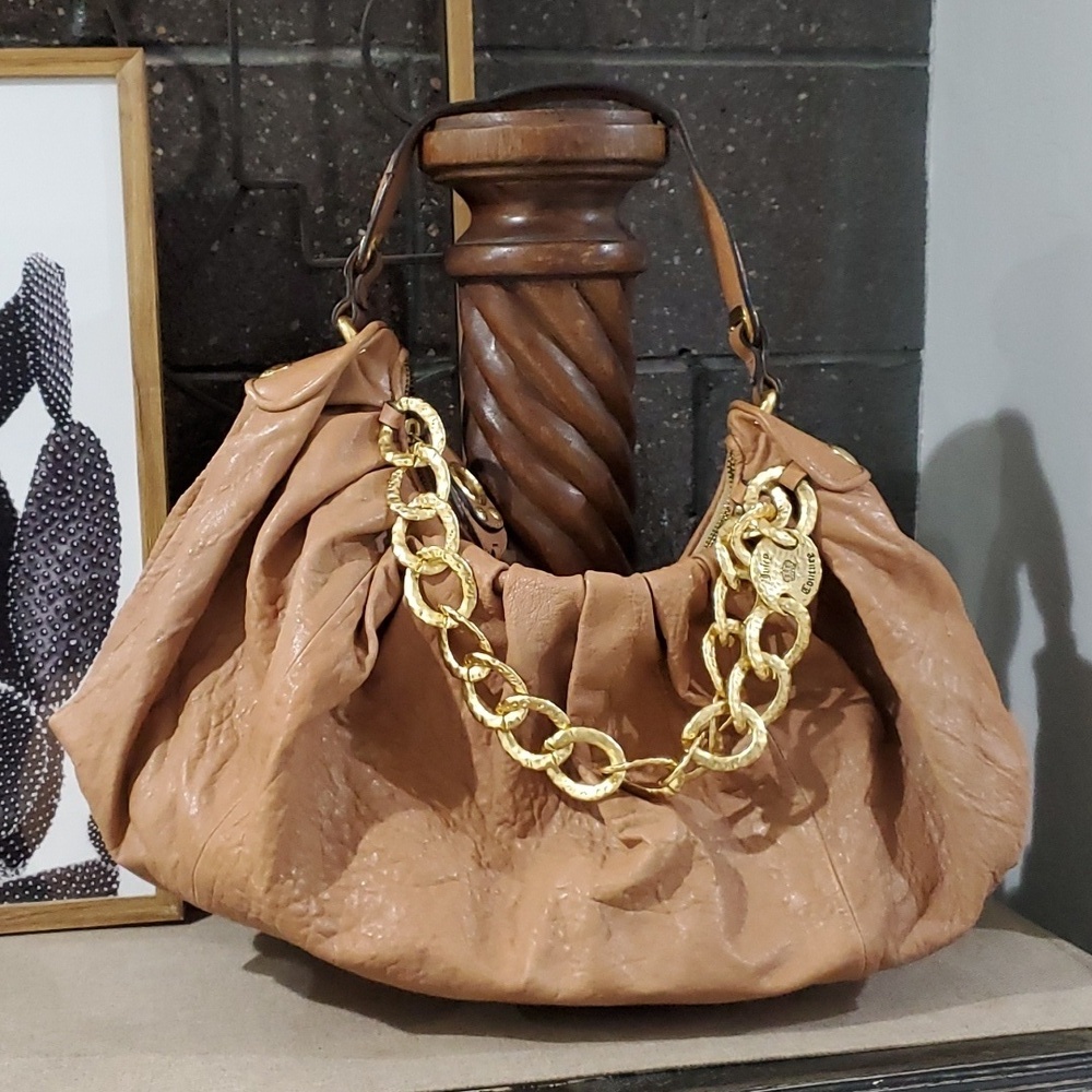 JUICY COUTURE BROWN BAG GOLD CHUNKY CHAIN SHOULDER HOBO PEBBLE LEATHER BOHO CHIC